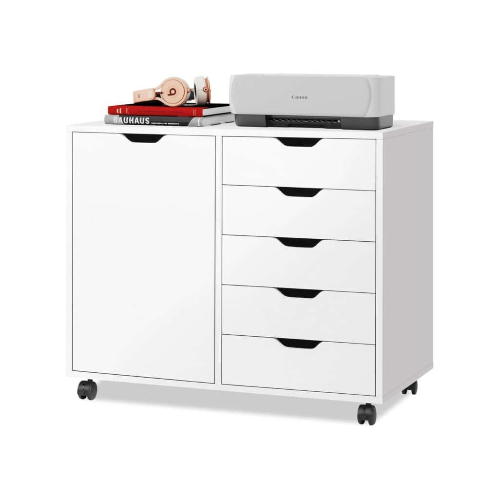 Image of DEVAISE 5-Drawer Wood Dresser Chest with Door