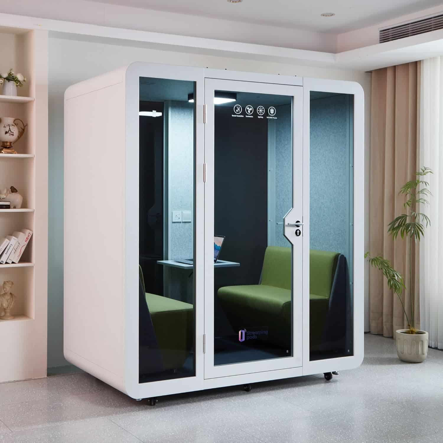 GEARONIC Mobile Office Pod Booth, Sound Proof Office Pod Booth with Mobile Roller, Larger Space for 2-4 People, LED Lighting System