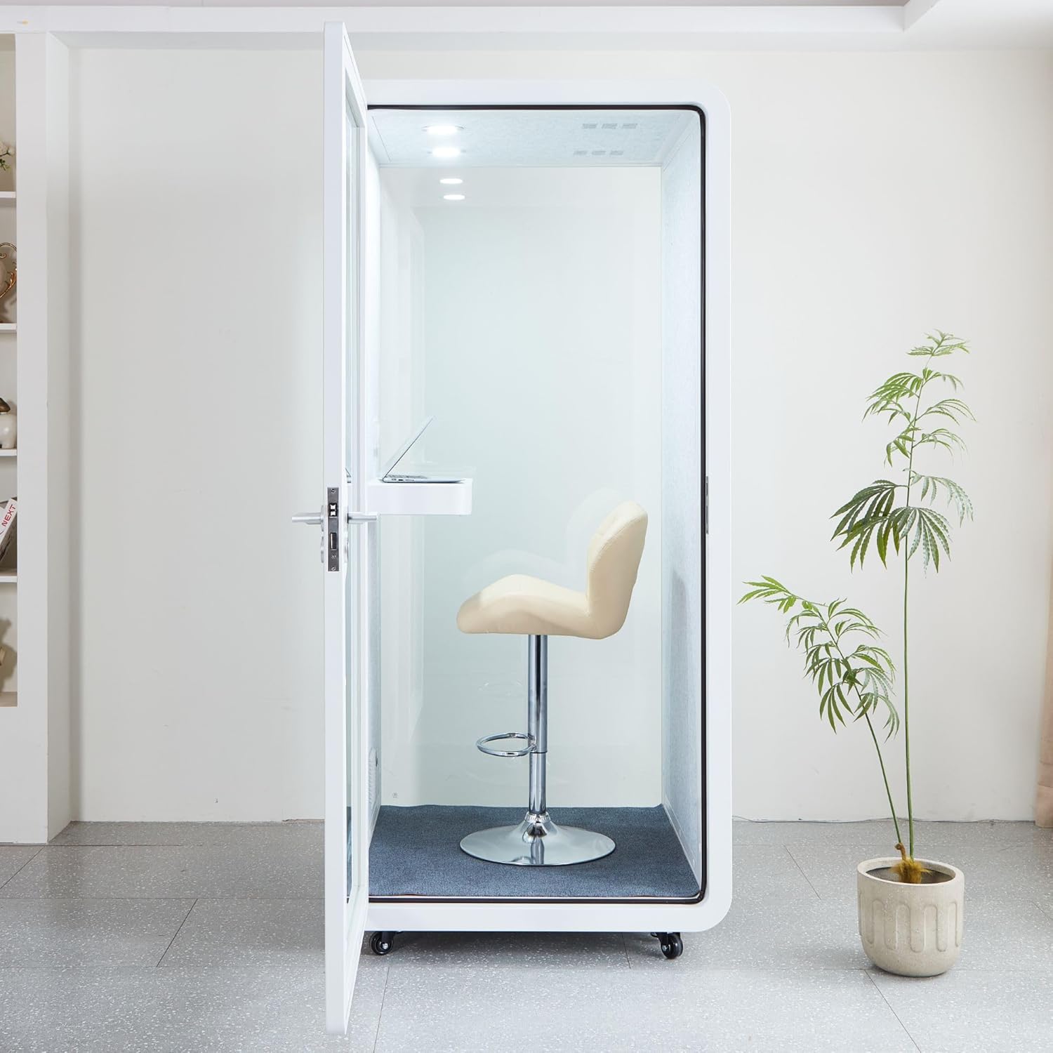 Mobile Office Pod Booth, Solo Soundproof Pod with High-Density Acoustic Panels, Premium Sound Pod with Silent Ventilation, Wheels and Feet, Build-in Table