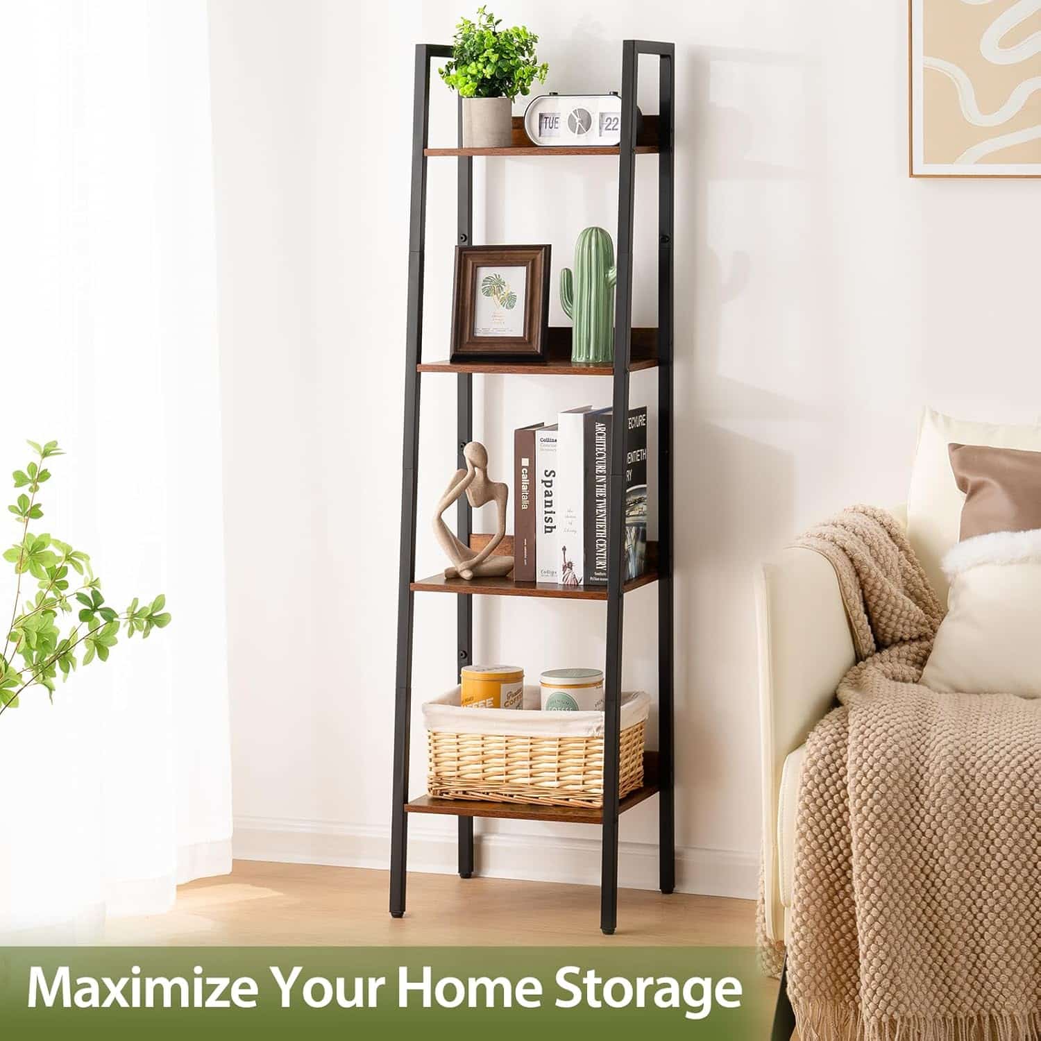 Yoobure Ladder Shelf, 4 Tier Tall Ladder Bookshelf Corner Shelf, Industrial Book Shelf Ladder Bookcase Narrow, Standing Storage Shelves Display Shelf