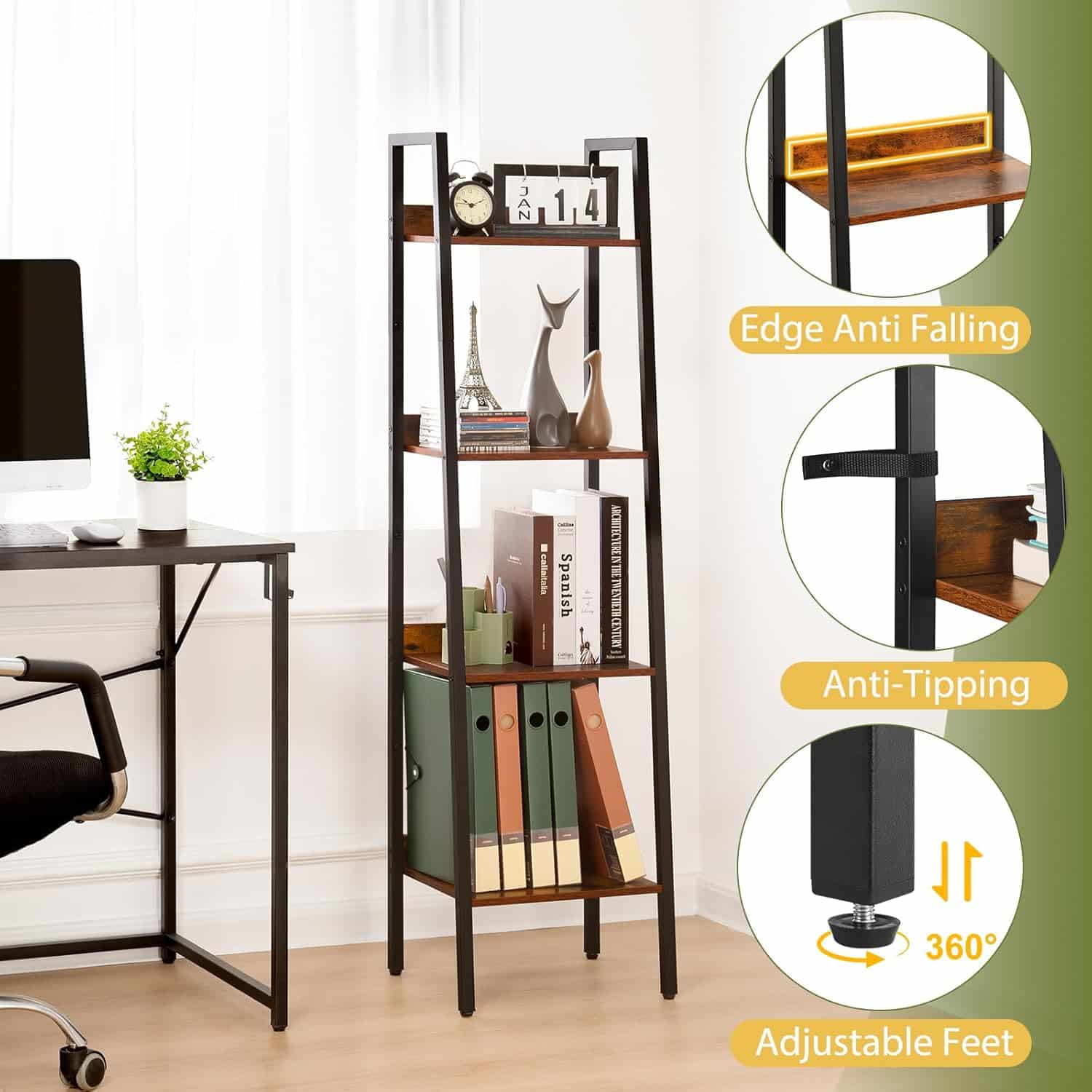 Yoobure Ladder Shelf, 4 Tier Tall Ladder Bookshelf Corner Shelf, Industrial Book Shelf Ladder Bookcase Narrow, Standing Storage Shelves Display Shelf
