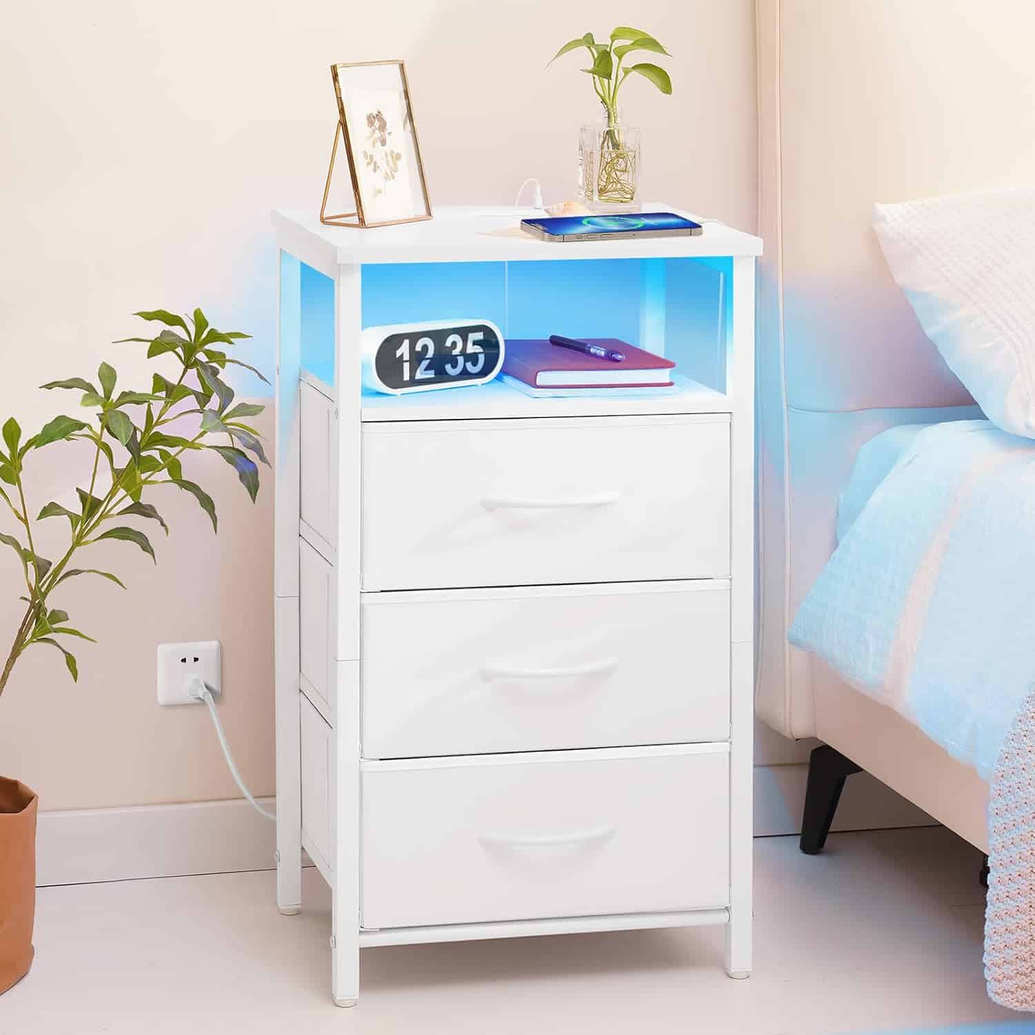 Yoobure Night Stand with Charging Station, 16 Colors LED Nightstand with USB Ports and Outlets, End Table with 3 Fabric Drawers and Storage Shelf
