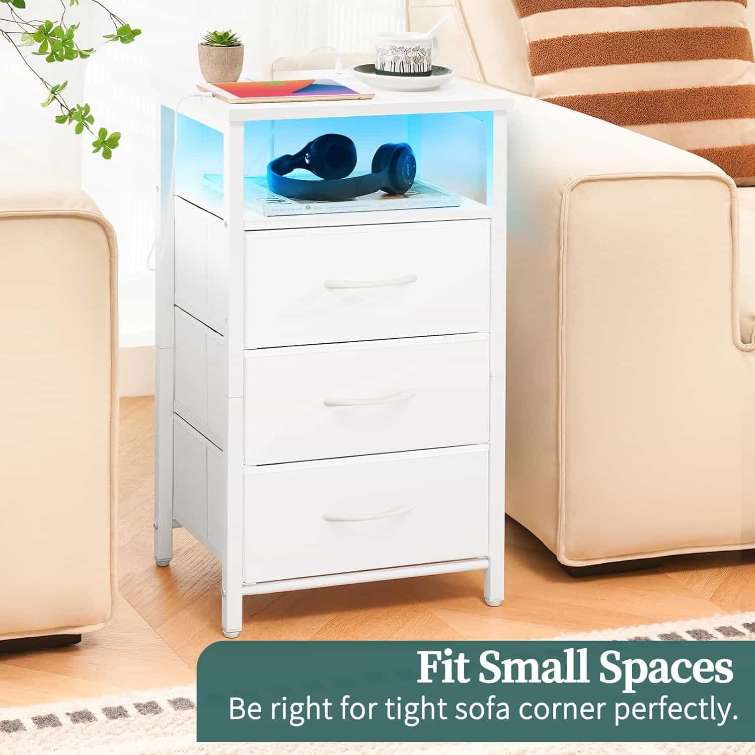 Yoobure Night Stand with Charging Station, 16 Colors LED Nightstand with USB Ports and Outlets, End Table with 3 Fabric Drawers and Storage Shelf