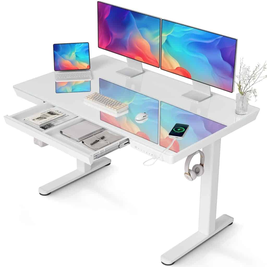 Claiks Glass Standing Desk with Drawers