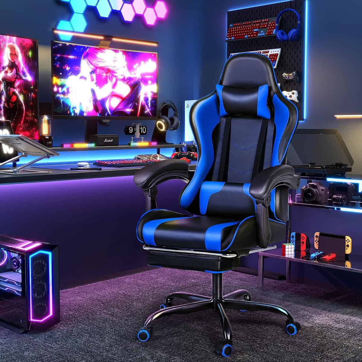 Furmax Gaming Chair with Footrest and Blue Racing Style