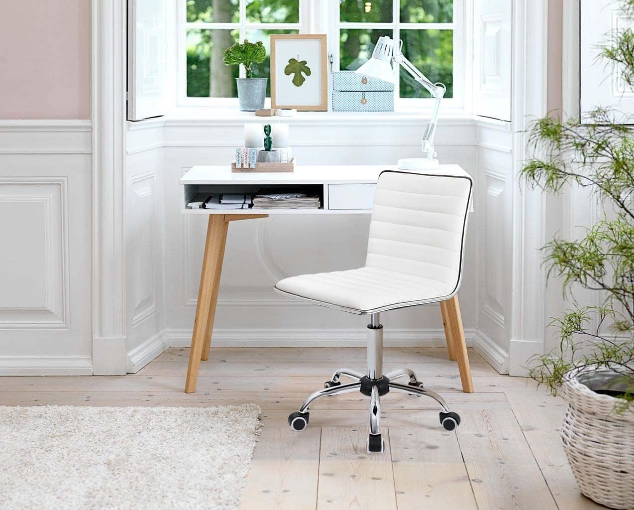 Furmax Mid Back Vanity Chair with White PU Leather