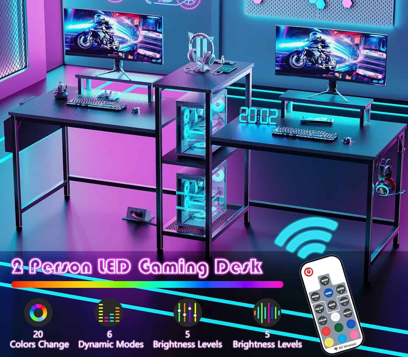 Furologee 2‑Person Gaming Desk with LED Lights