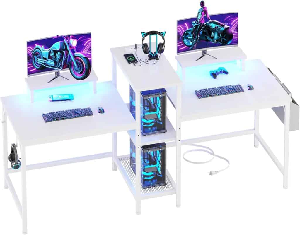 Furologee 2‑Person Gaming Desk with LED Lights – White