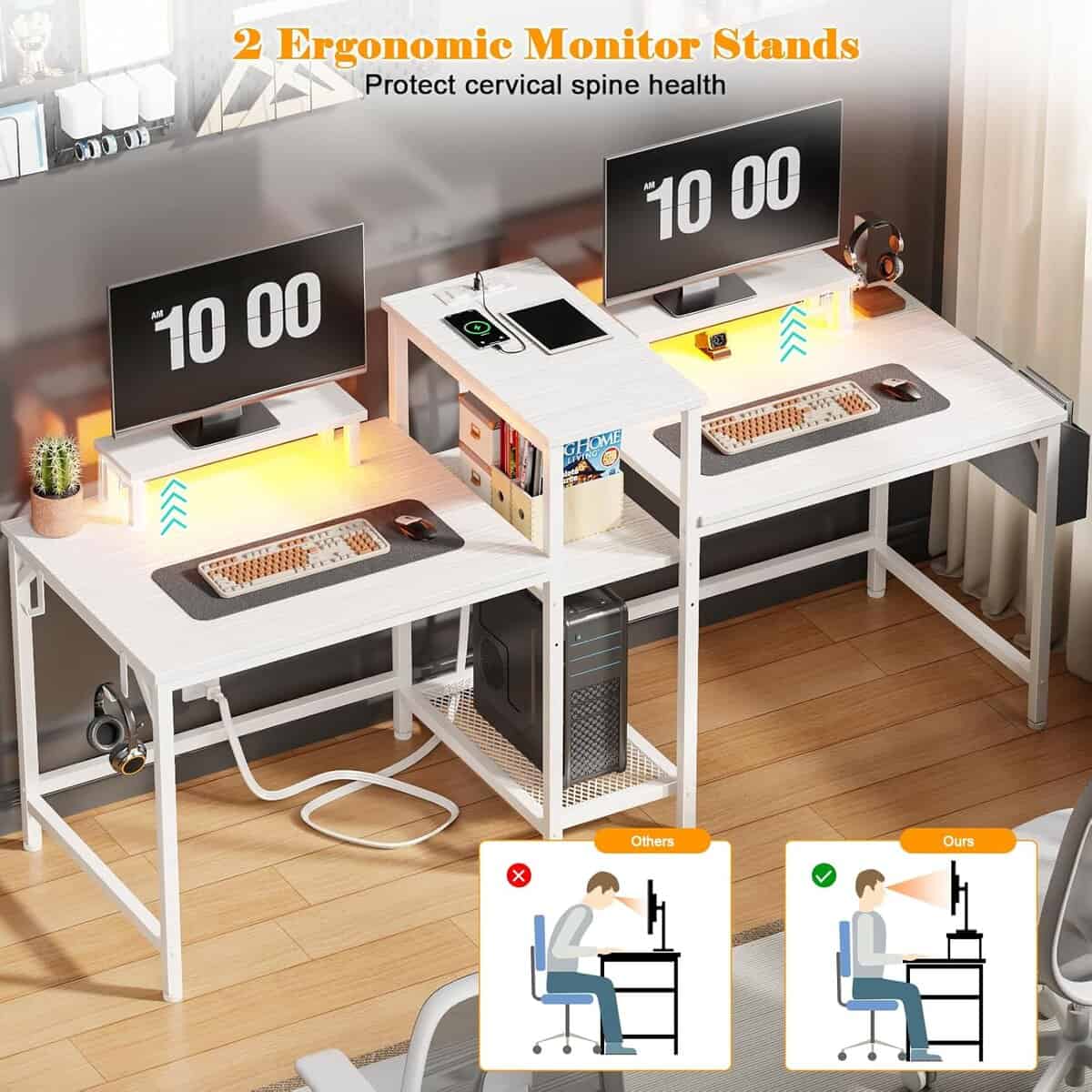 Furologee 2‑Person Gaming Desk with LED Lights – White