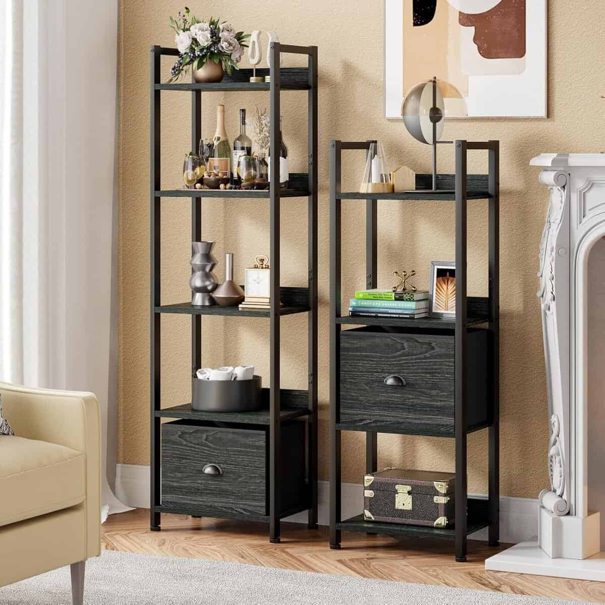 Furologee 4-Tier Narrow Bookshelf with Fabric Drawer