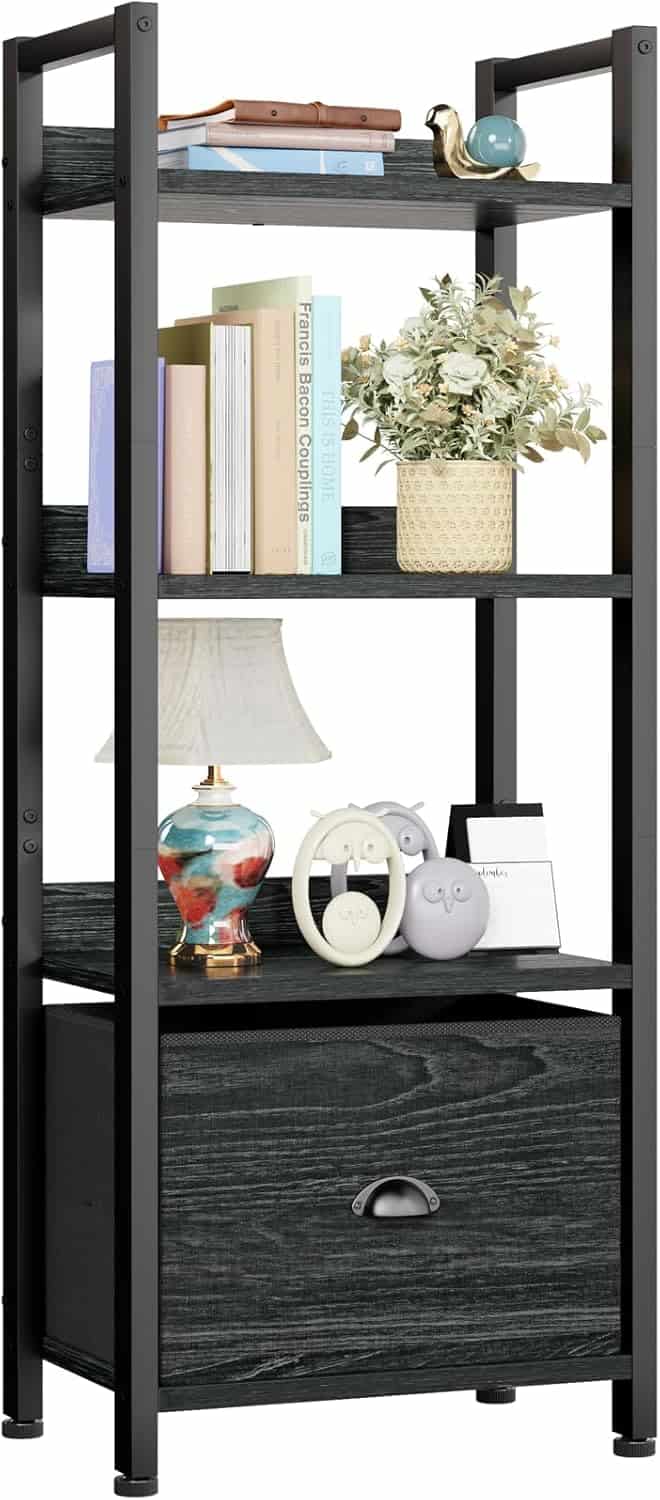 Furologee 4-Tier Narrow Bookshelf with Fabric Drawer