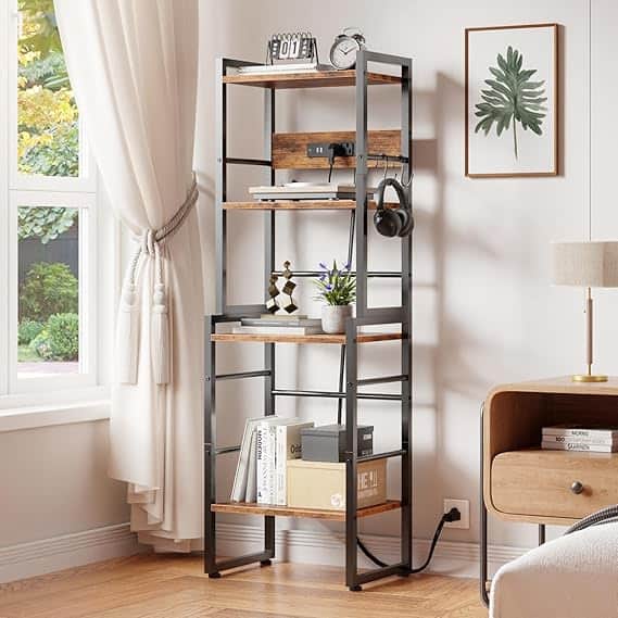 Furologee 49″ 4‑Tier Bookshelf with Charging Station