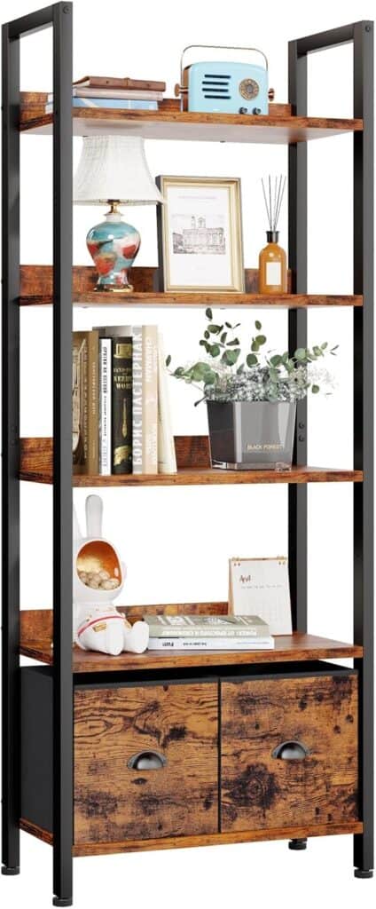 Furologee 5-Tier Bookshelf with 2 Drawers