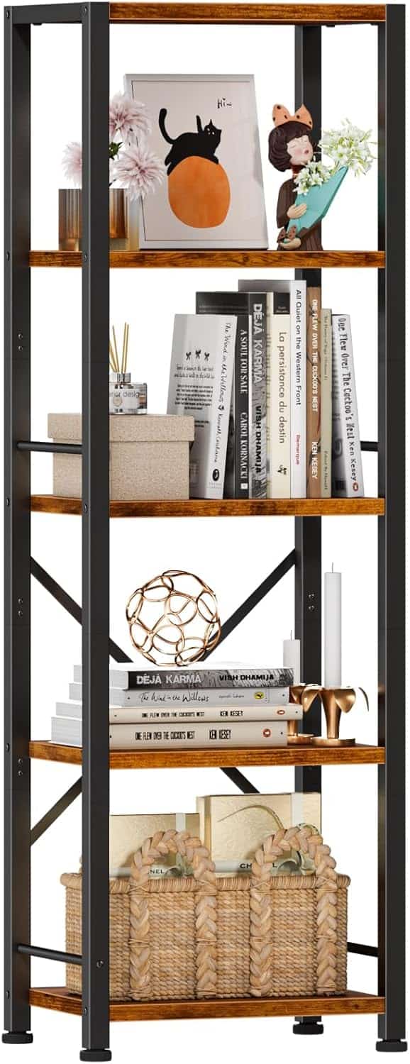 Furologee 5-Tier Rustic Brown Bookshelf