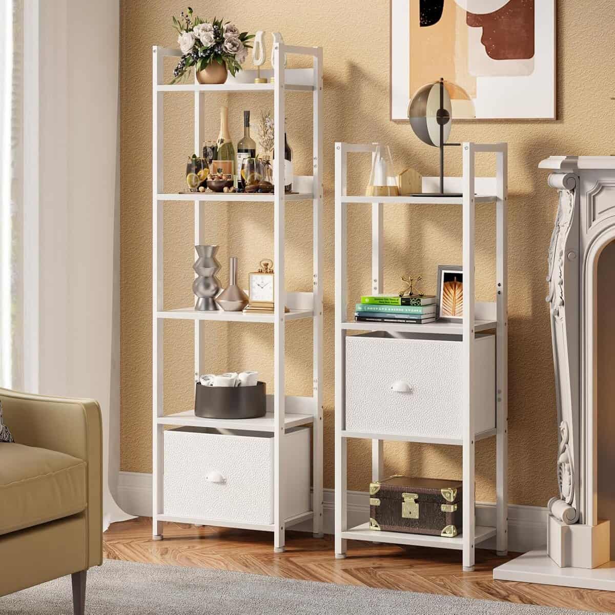 Furologee 5-Tier White Bookcase with Drawer