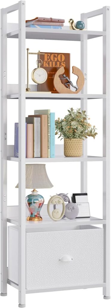 Furologee 5-Tier White Bookcase with Drawer