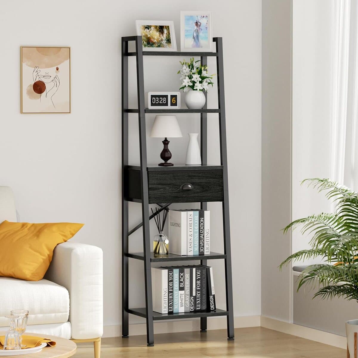 Furologee 59-Inch Black Oak Ladder Bookshelf