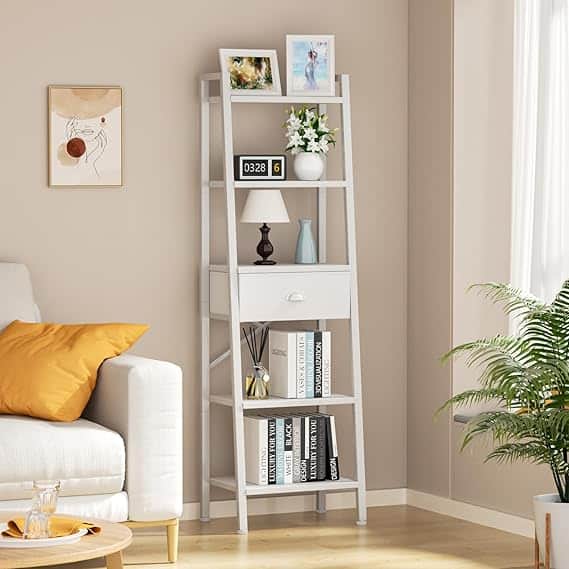 furologee-59″-black-oak-ladder-bookshelf-with-drawer