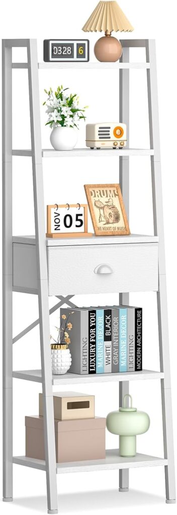 furologee-59″-black-oak-ladder-bookshelf-with-drawer