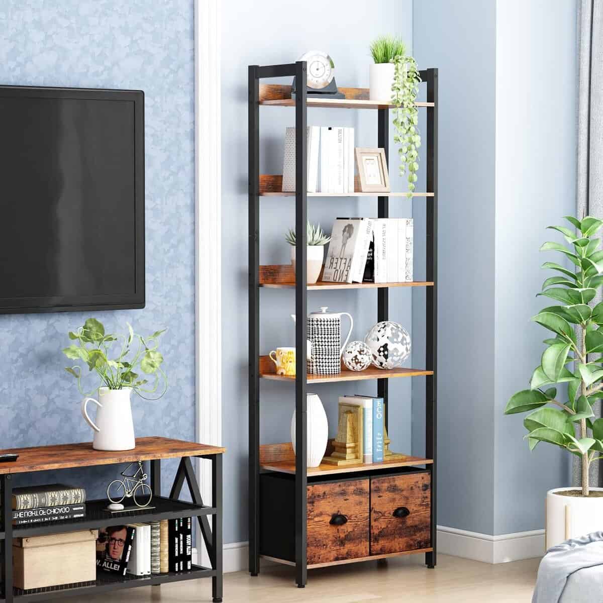 Furologee 71-Inch Rustic Bookcase with Drawers
