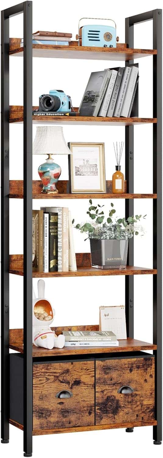 Furologee 71-Inch Rustic Bookcase with Drawers