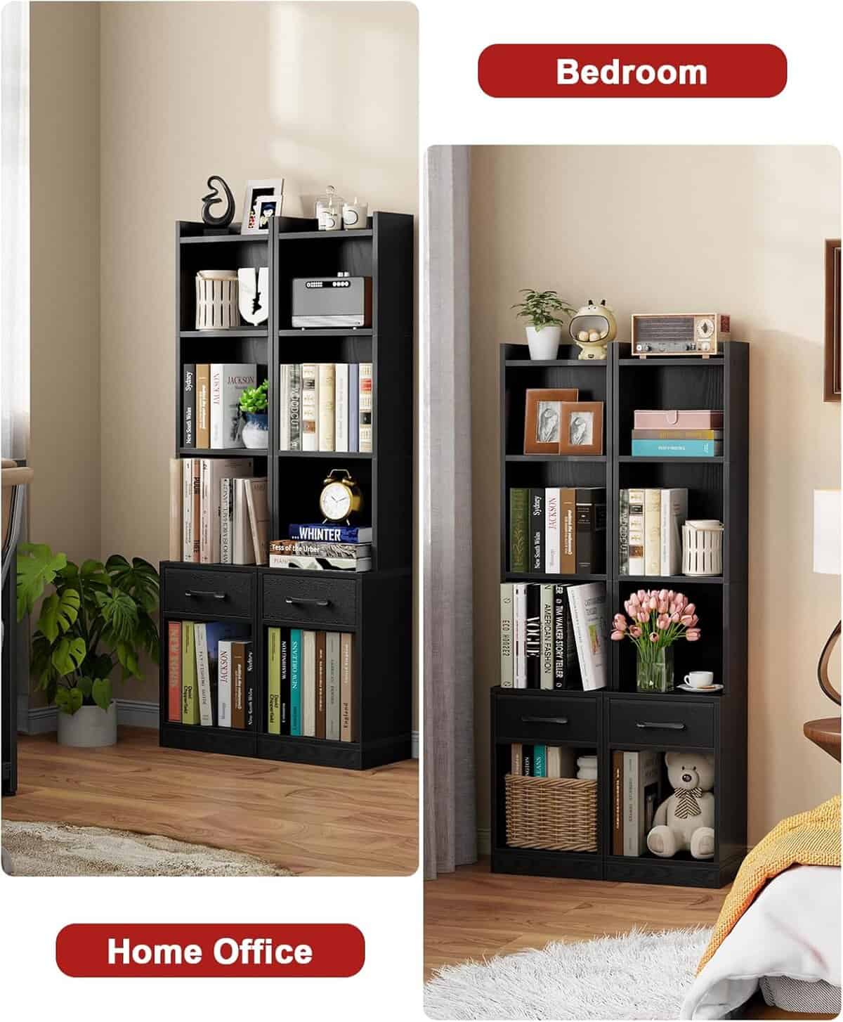 Furologee Black Bookshelf with Drawer