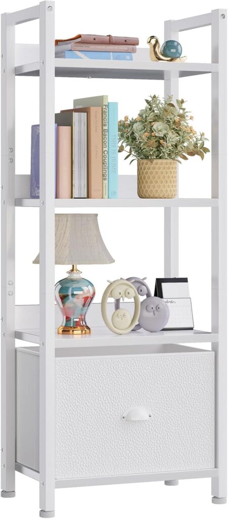 Furologee White 4-Tier Bookshelf with Fabric Drawer