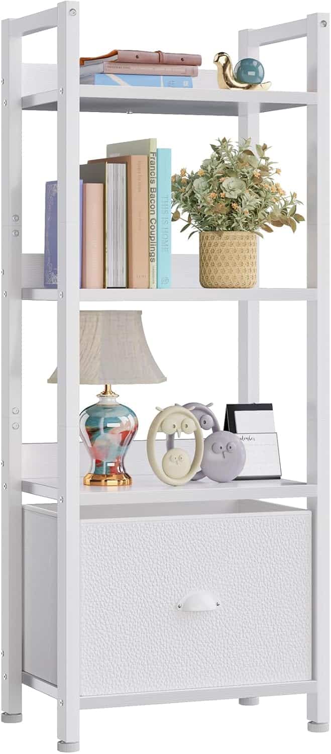 Furologee White 4-Tier Bookshelf with Fabric Drawer