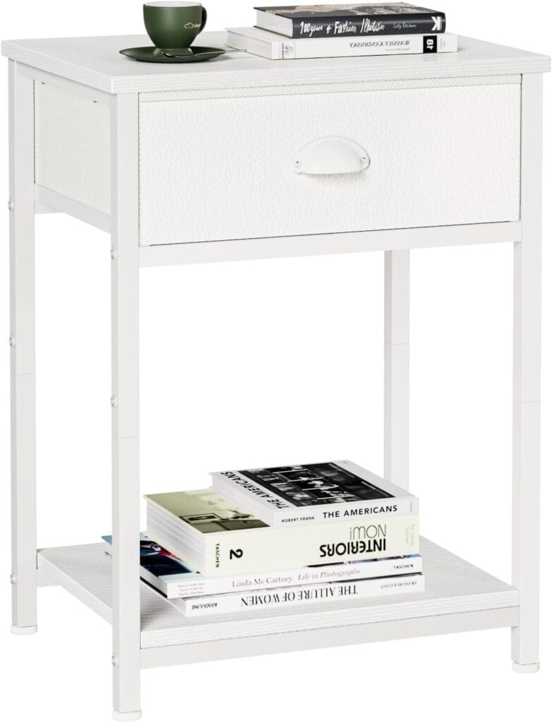 Furologee White Nightstand with Fabric Drawer