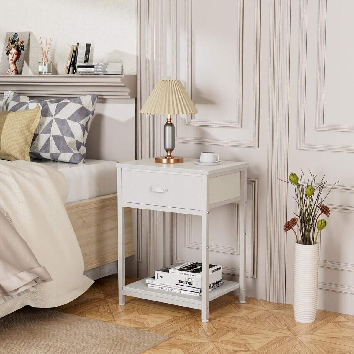 Furologee White Nightstand with Fabric Drawer