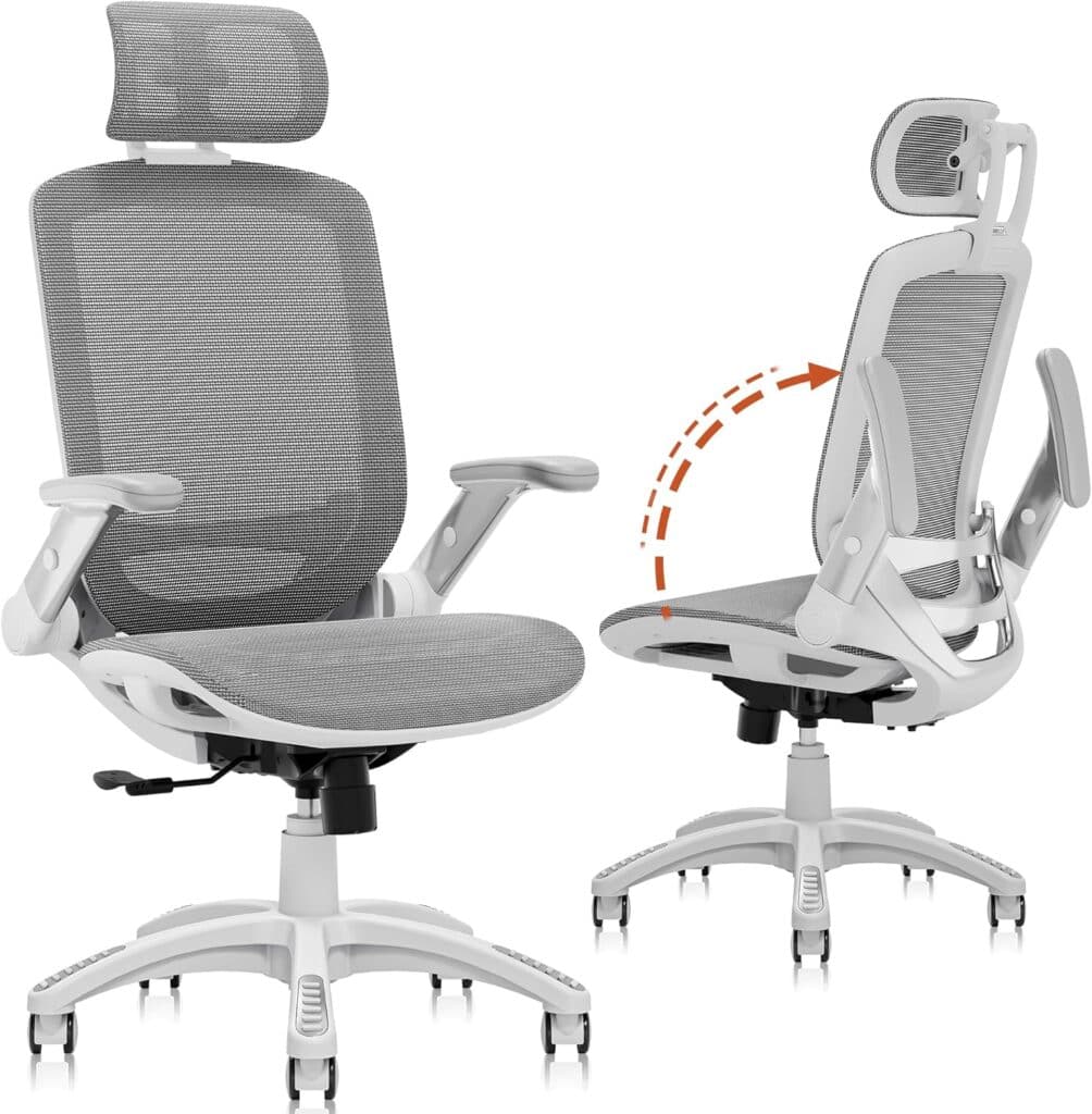 GABRYLLY Ergonomic Office Chair with Flip-Up Arms and White