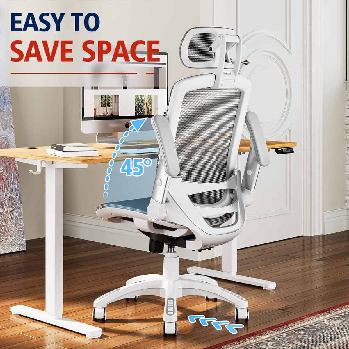 GABRYLLY Ergonomic Office Chair with Flip-Up Arms and White