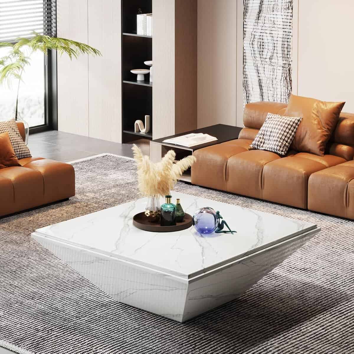 LITTLE TREE 35-Inch White Faux Marble Coffee Table