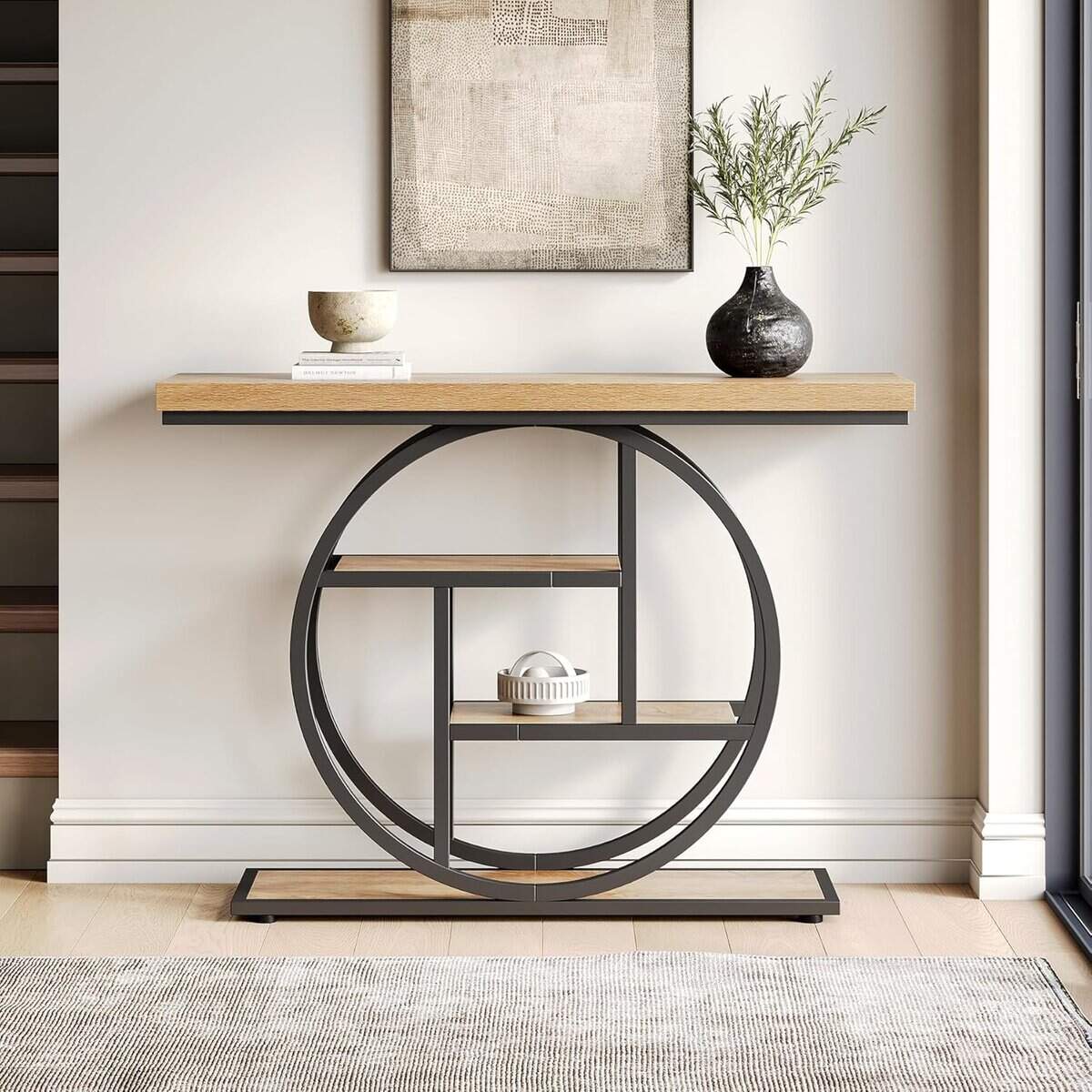 LITTLE TREE 41-Inch Farmhouse Console Table Walnut and Black