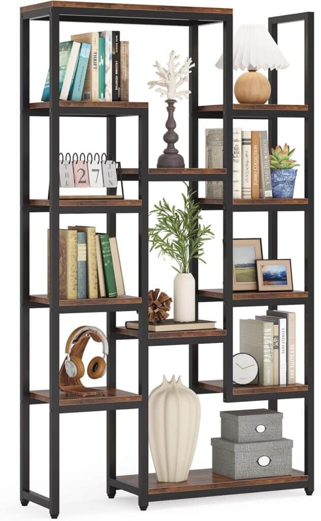 LITTLE TREE 71-Inch Industrial Bookcase with Staggered Shelves