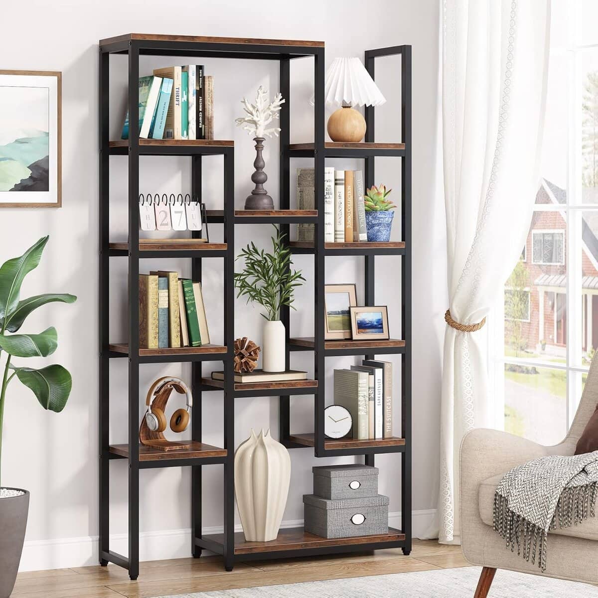 LITTLE TREE 71-Inch Industrial Bookcase with Staggered Shelves