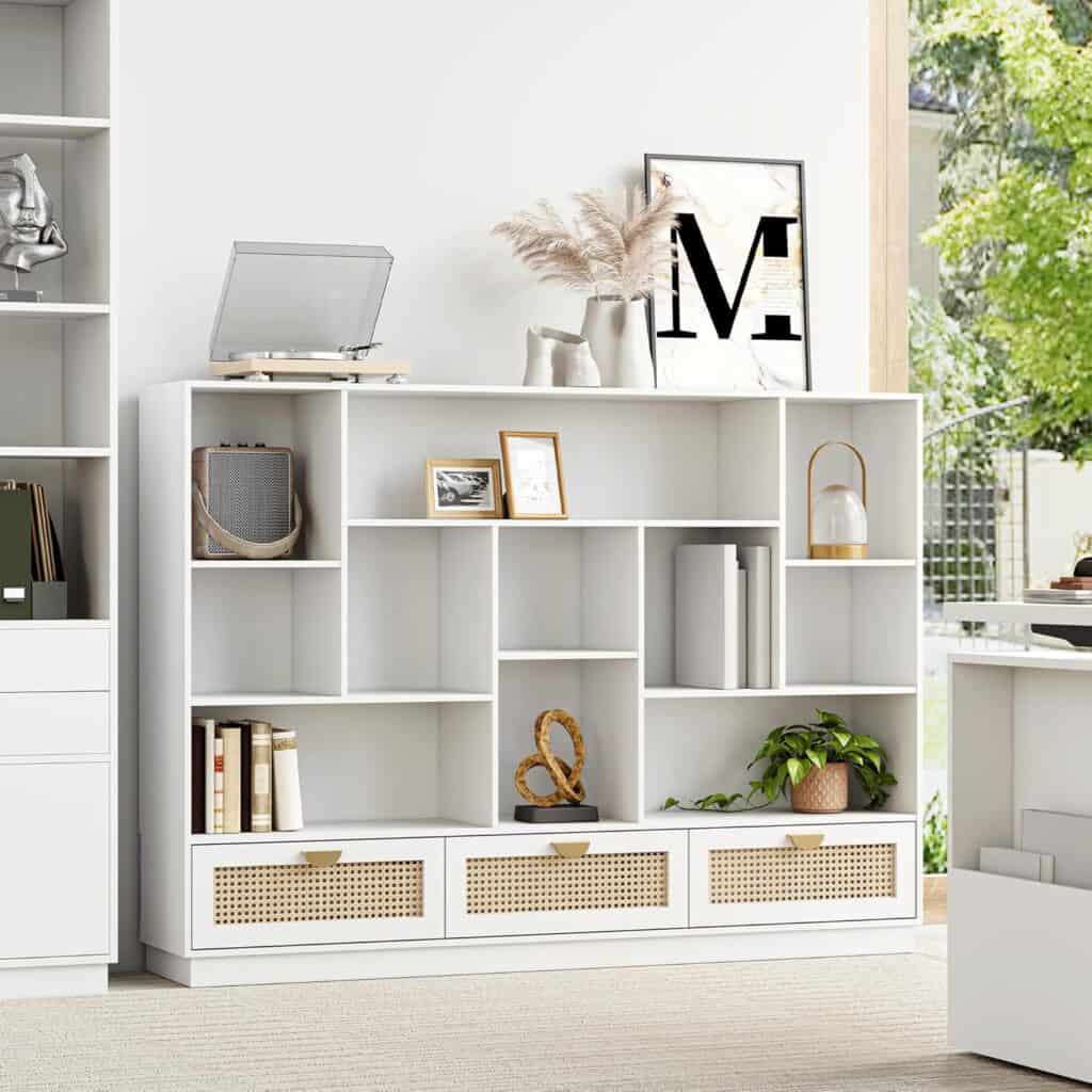ModernMate 60-Inch Wide Bookshelf with White Rattan Finish