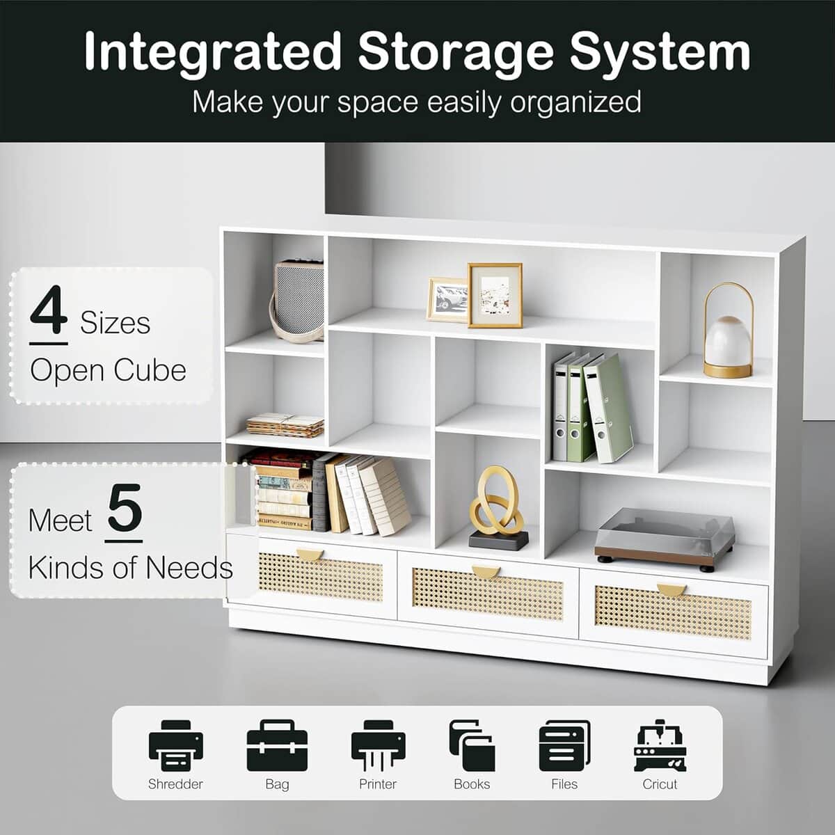 ModernMate 60-Inch Wide Bookshelf with White Rattan Finish