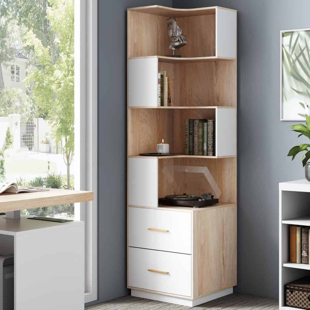 ModernMate 71-Inch Corner Bookshelf with Light Walnut Finish