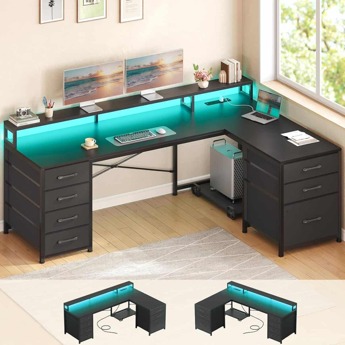 SEDETA White L Shaped Desk with LED Lights - Essential Office Furniture