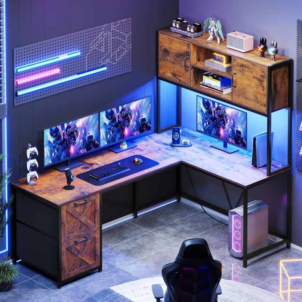 SEDETA L Shaped Desk with Drawers and LED Lights