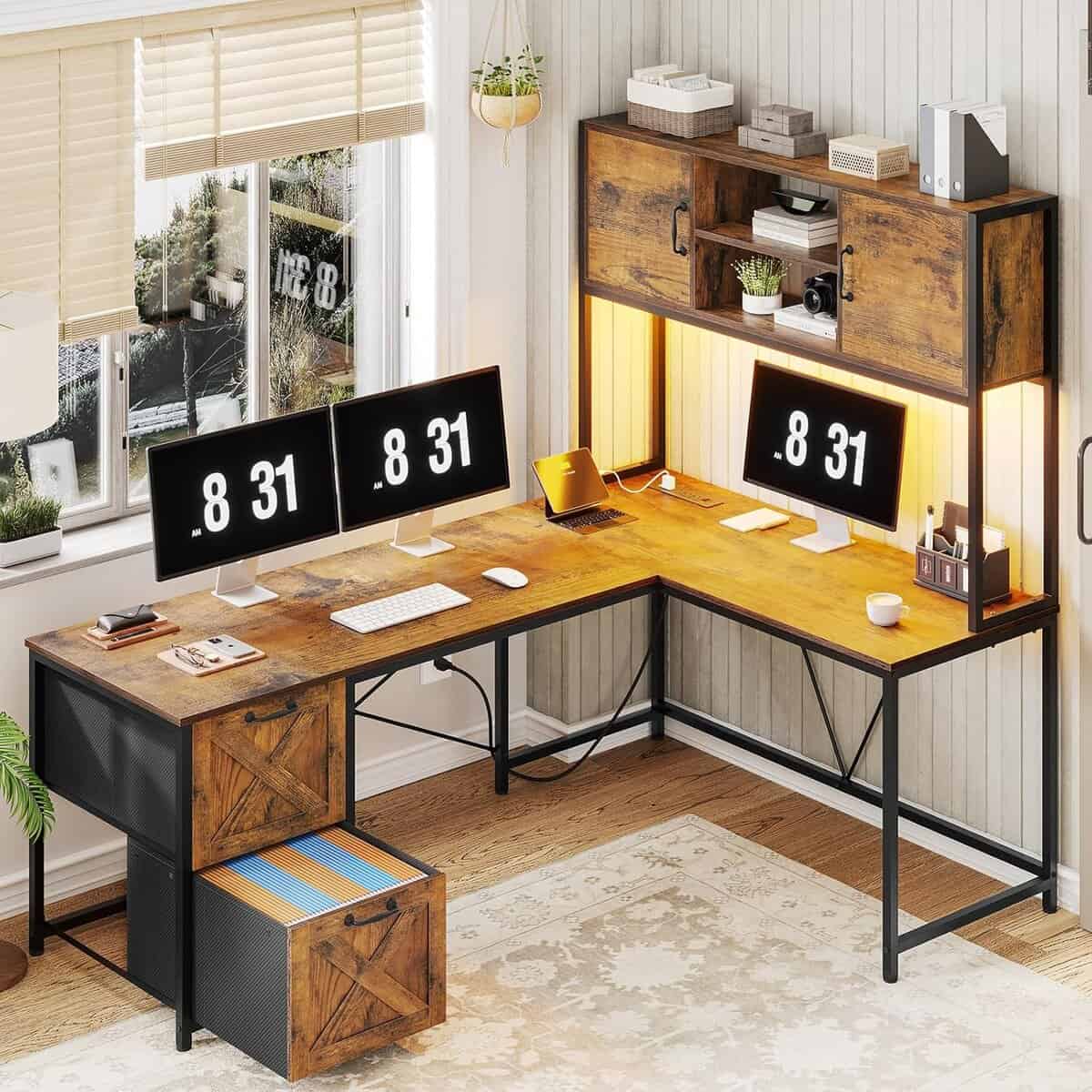 SEDETA L Shaped Desk with Drawers and LED Lights