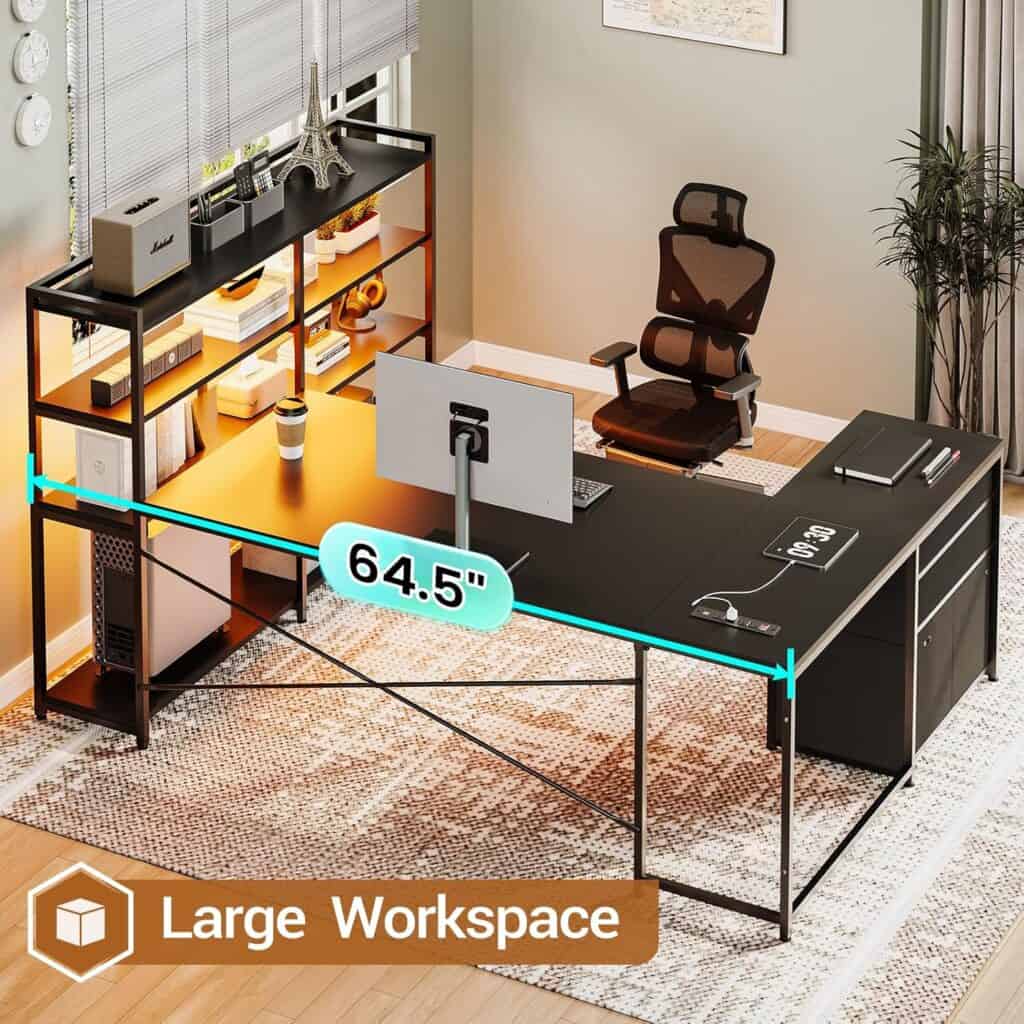SEDETA L Shaped Desk with LED Lights & Storage - Essential Office Furniture