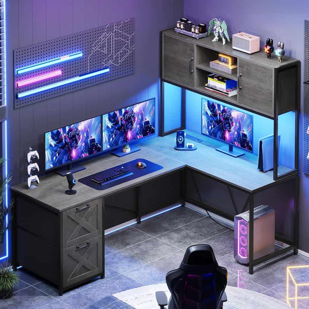 SEDETA L Shaped Gaming Desk with Storage & LED