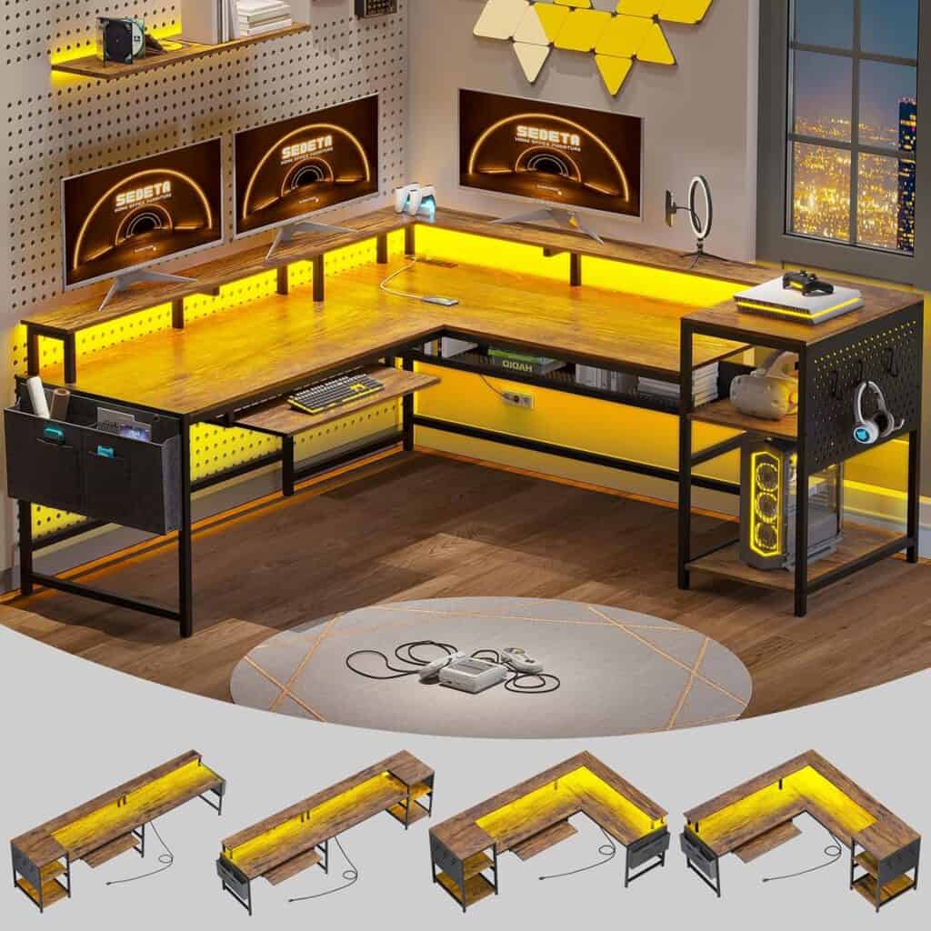 SEDETA L‑Shaped Computer Desk – Rustic Brown
