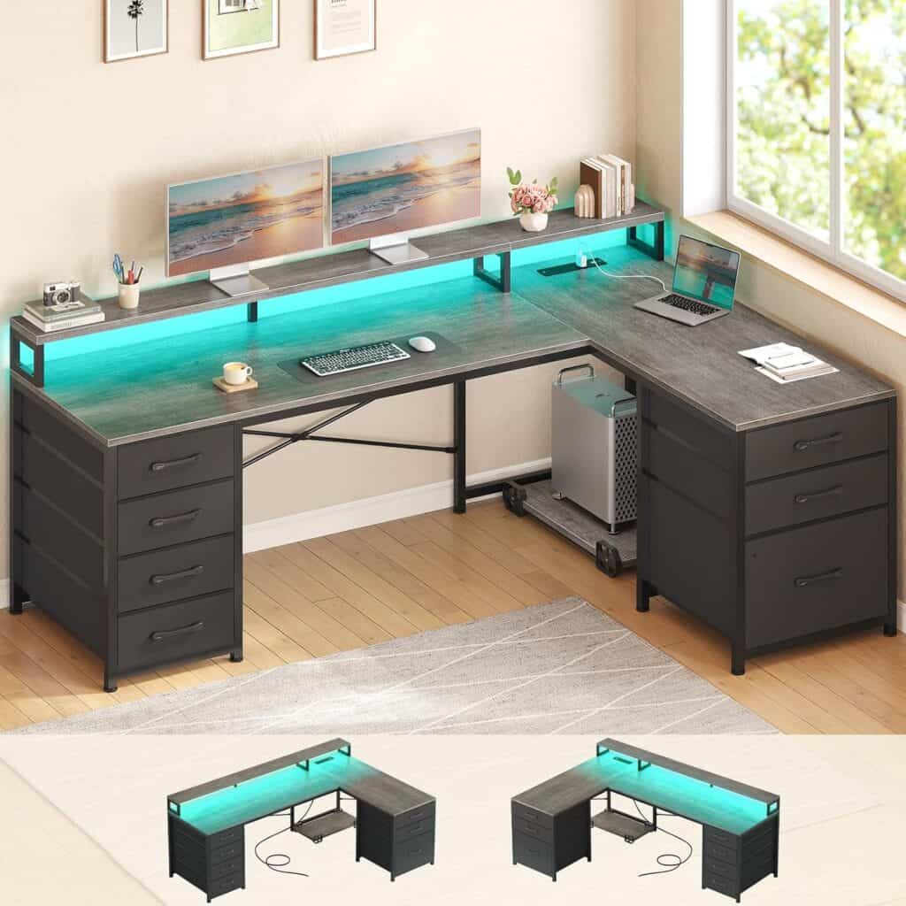 SEDETA Reversible 58" L Shaped Desk with LED Lights