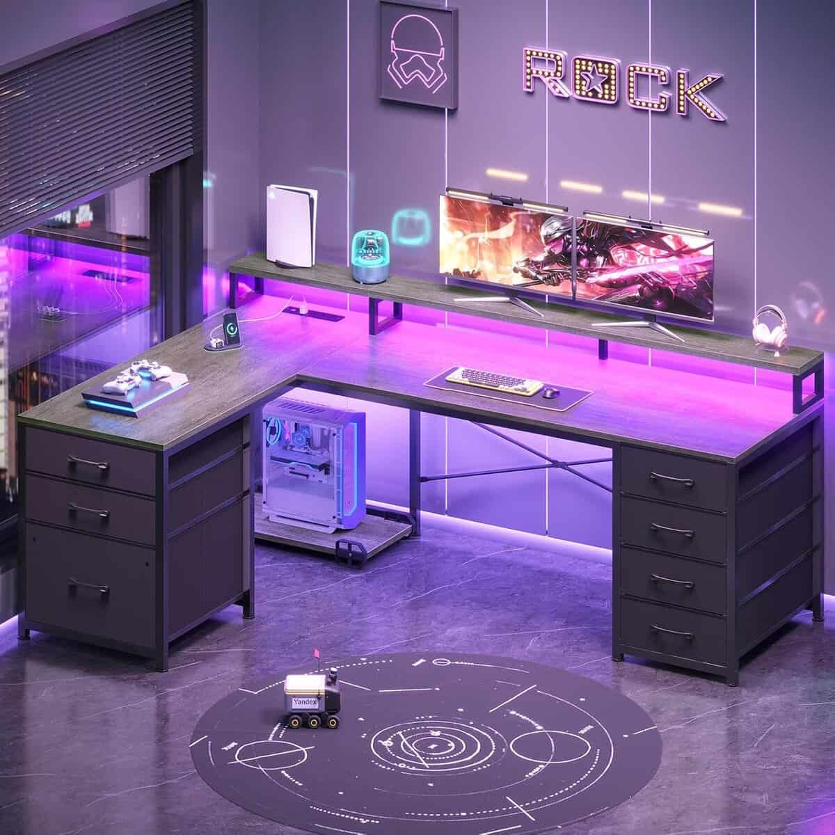 SEDETA Reversible 58" L Shaped Desk with LED Lights