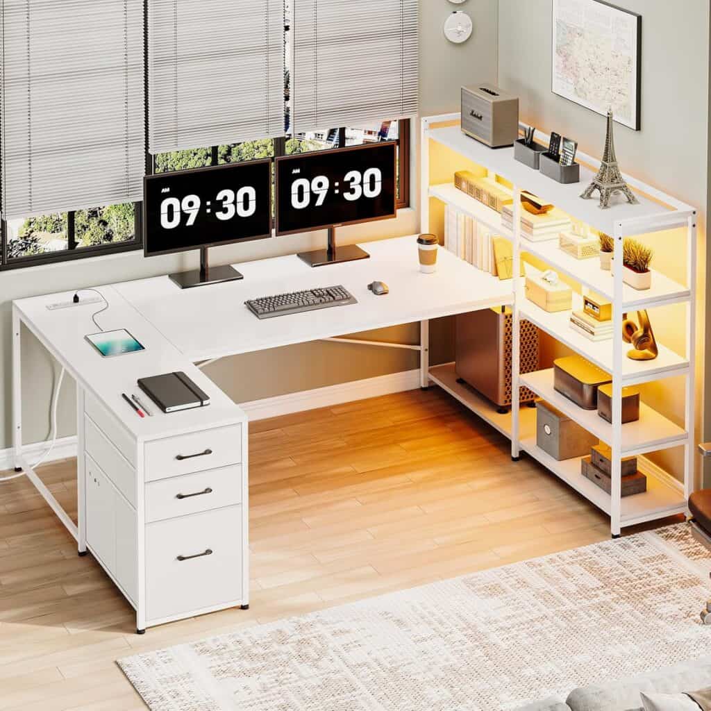 SEDETA White L Shaped Desk with LED Lights