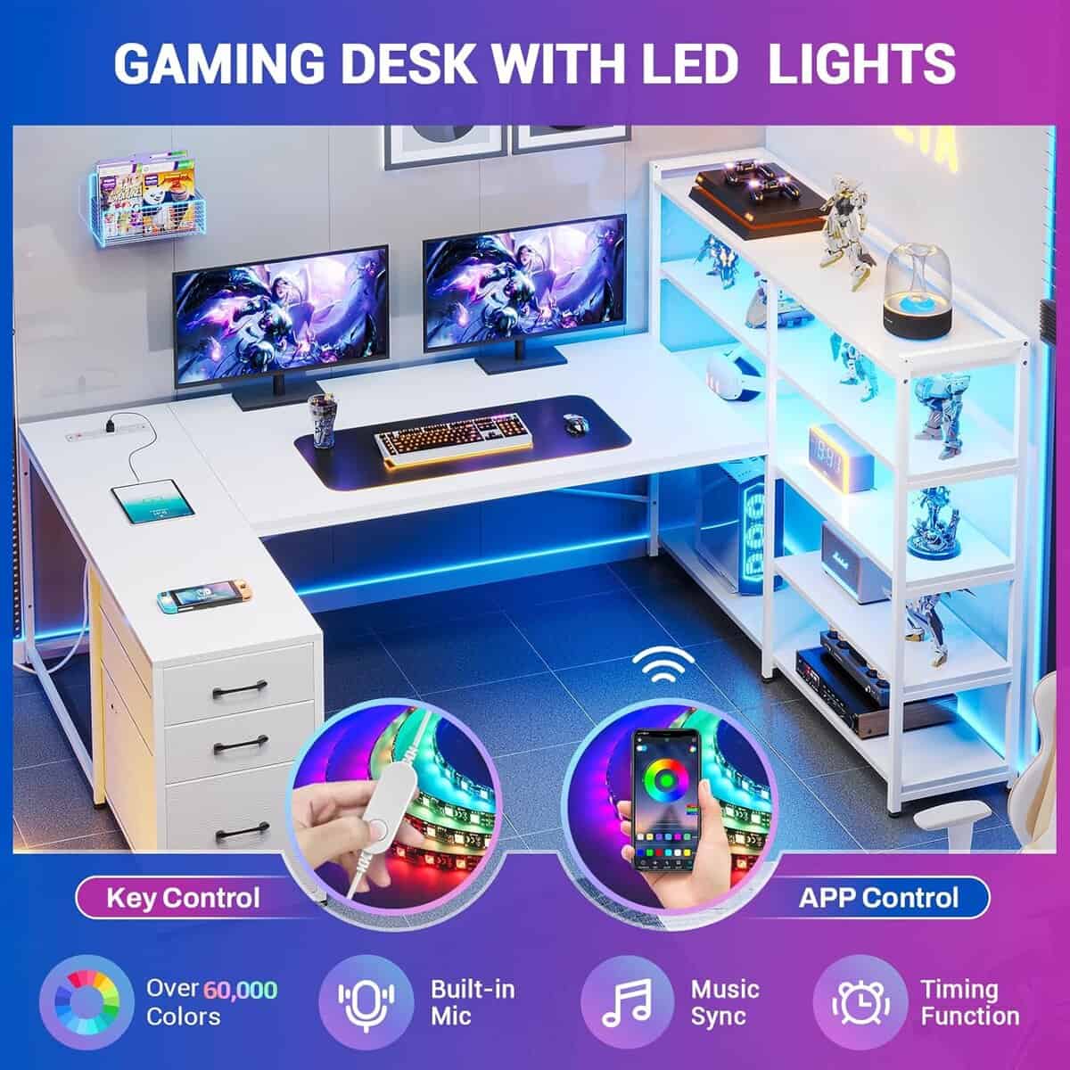 SEDETA White L Shaped Desk with LED Lights