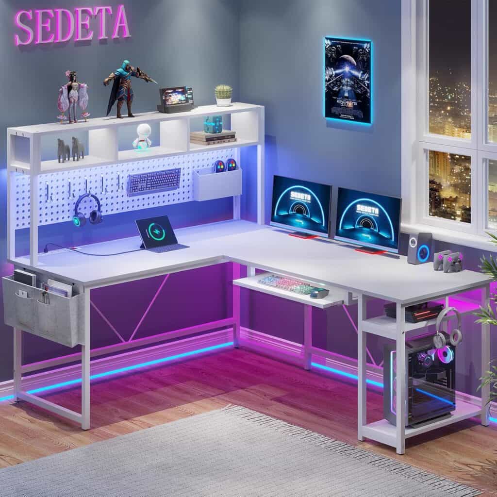 SEDETA White L Shaped Gaming Desk with LED